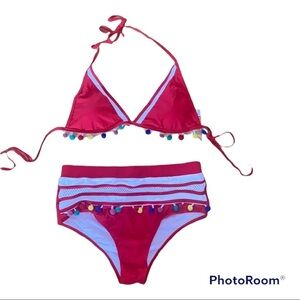 Red Multi Color Pom High Waist  Bikini XL